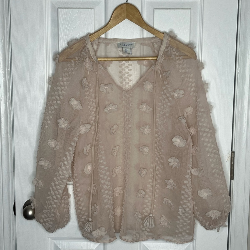 Calypso St. Barth 3D Floral Pom Cream Boho Top